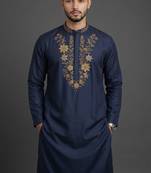 Navy blue silk kurta set for men's