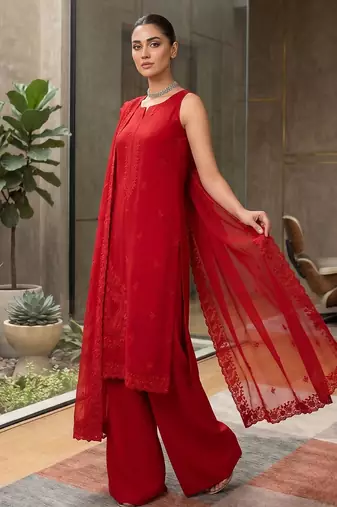 Women's red embroidered straight kurta palazzo set with dupatta