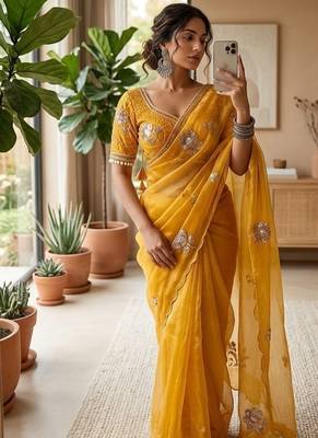 Yellow Color beads and sequence work sartin saree 1