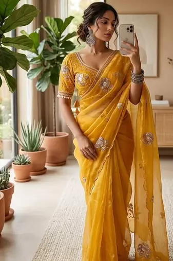 Yellow Color beads and sequence work sartin saree