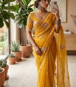 Yellow Color beads and sequence work sartin saree