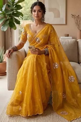 Yellow Color beads and sequence work sartin saree