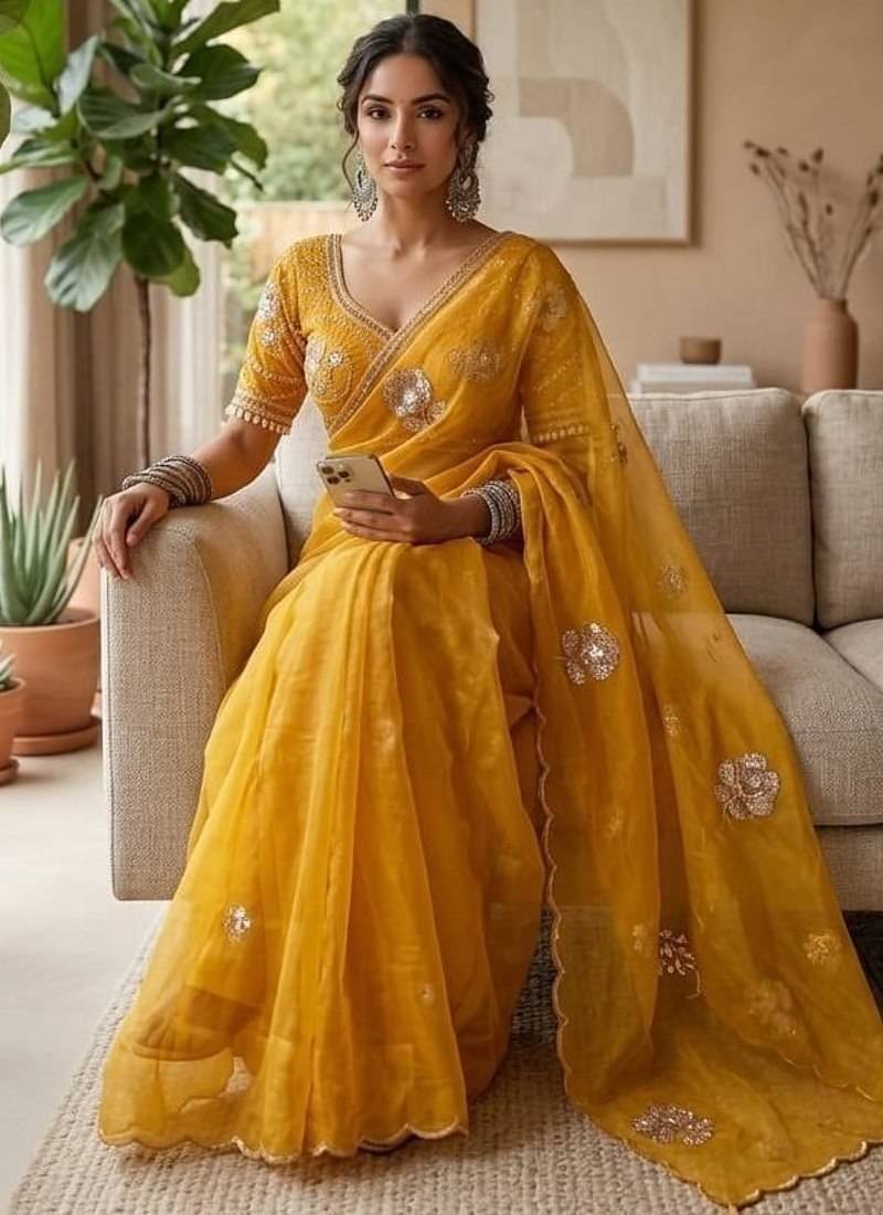 Yellow Color beads and sequence work sartin saree