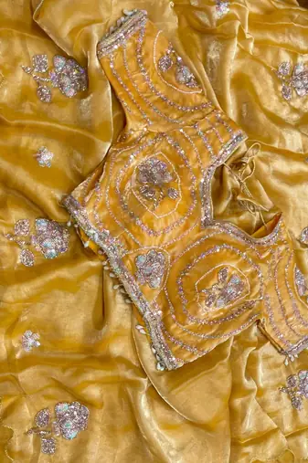 Yellow Color beads and sequence work sartin saree