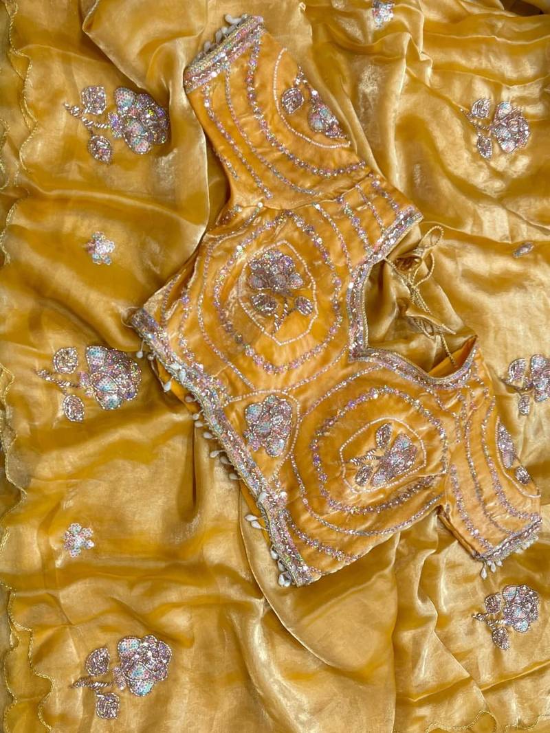 Yellow Color beads and sequence work sartin saree