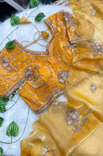 Yellow Color beads and sequence work sartin saree