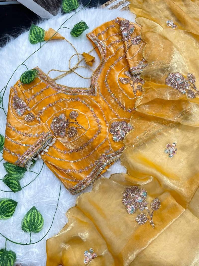 Yellow Color beads and sequence work sartin saree