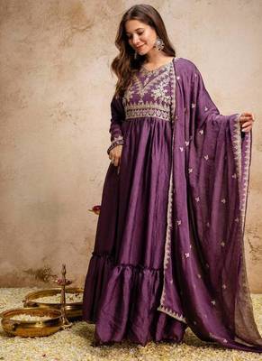 Women's purple embroidered anarkali gown set with dupatta 1