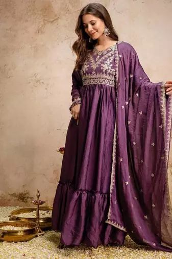 Women's purple embroidered anarkali gown set with dupatta