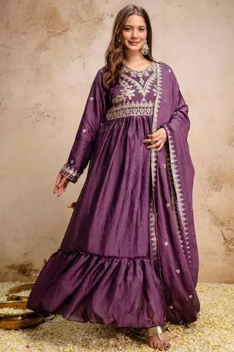 Women's purple embroidered anarkali gown set with dupatta