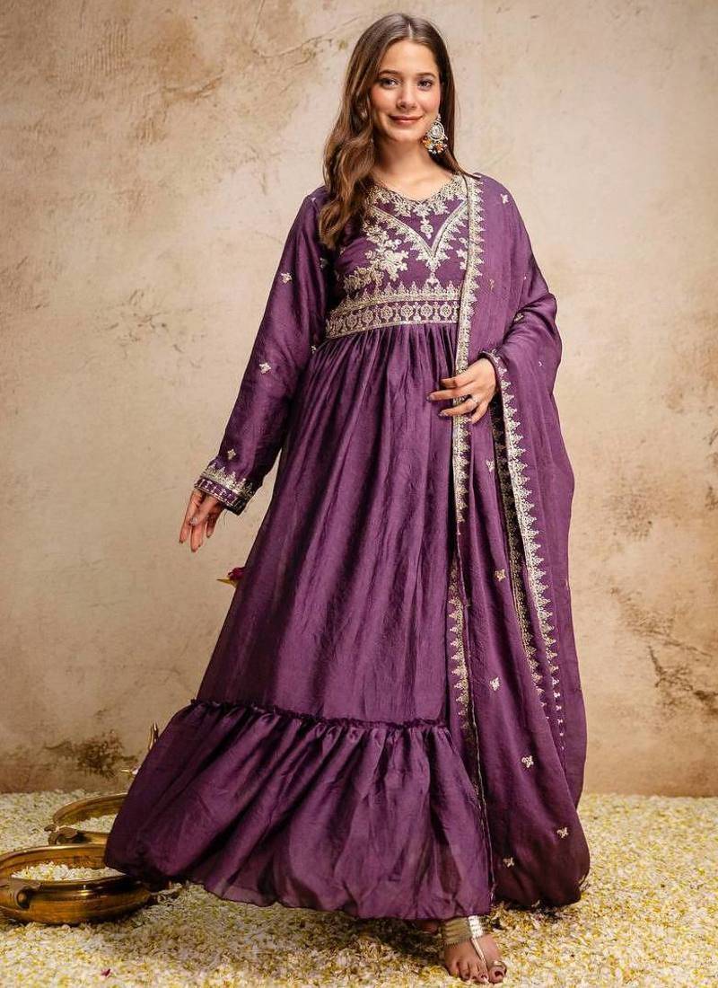 Women's purple embroidered anarkali gown set with dupatta
