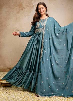 Women's teal blue embroidered anarkali gown set with dupatta 1