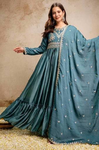 Women's teal blue embroidered anarkali gown set with dupatta