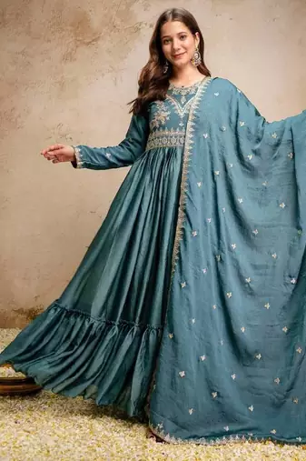 Women's teal blue embroidered anarkali gown set with dupatta