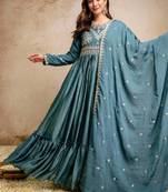 Women's teal blue embroidered anarkali gown set with dupatta