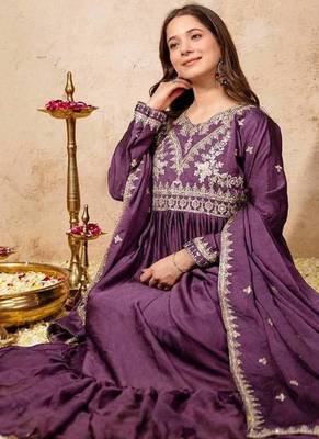 Women's purple embroidered anarkali gown set with dupatta 3