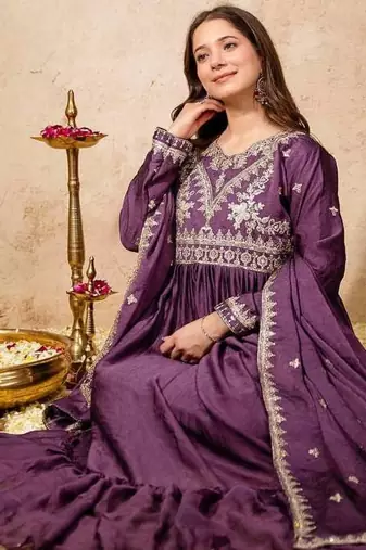 Women's purple embroidered anarkali gown set with dupatta