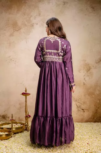 Women's purple embroidered anarkali gown set with dupatta
