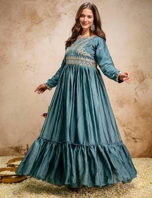 Women's teal blue embroidered anarkali gown set with dupatta 2