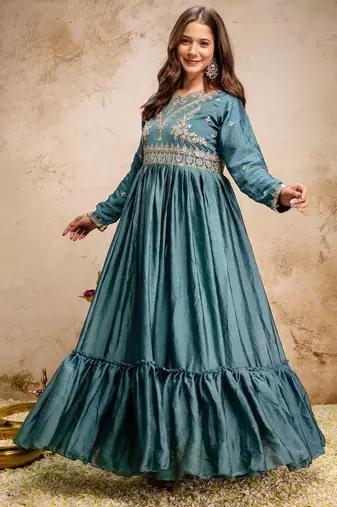 Women's teal blue embroidered anarkali gown set with dupatta