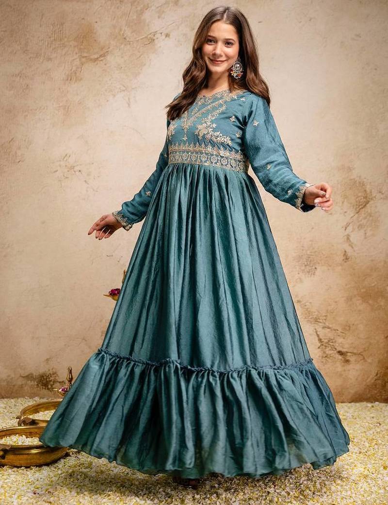 Women's teal blue embroidered anarkali gown set with dupatta