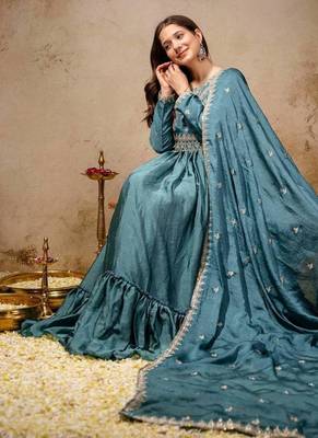 Women's teal blue embroidered anarkali gown set with dupatta 3
