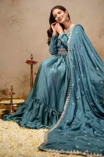 Women's teal blue embroidered anarkali gown set with dupatta