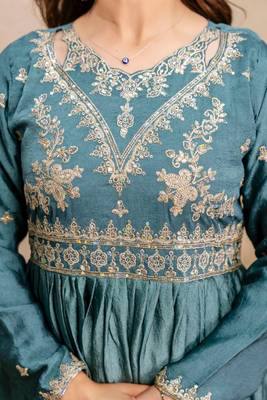 Women's teal blue embroidered anarkali gown set with dupatta 4