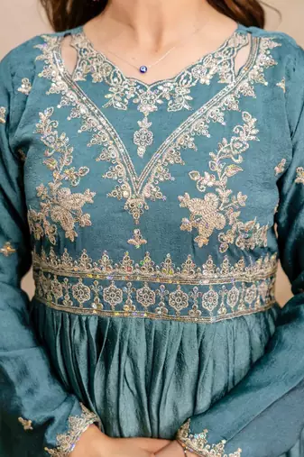 Women's teal blue embroidered anarkali gown set with dupatta