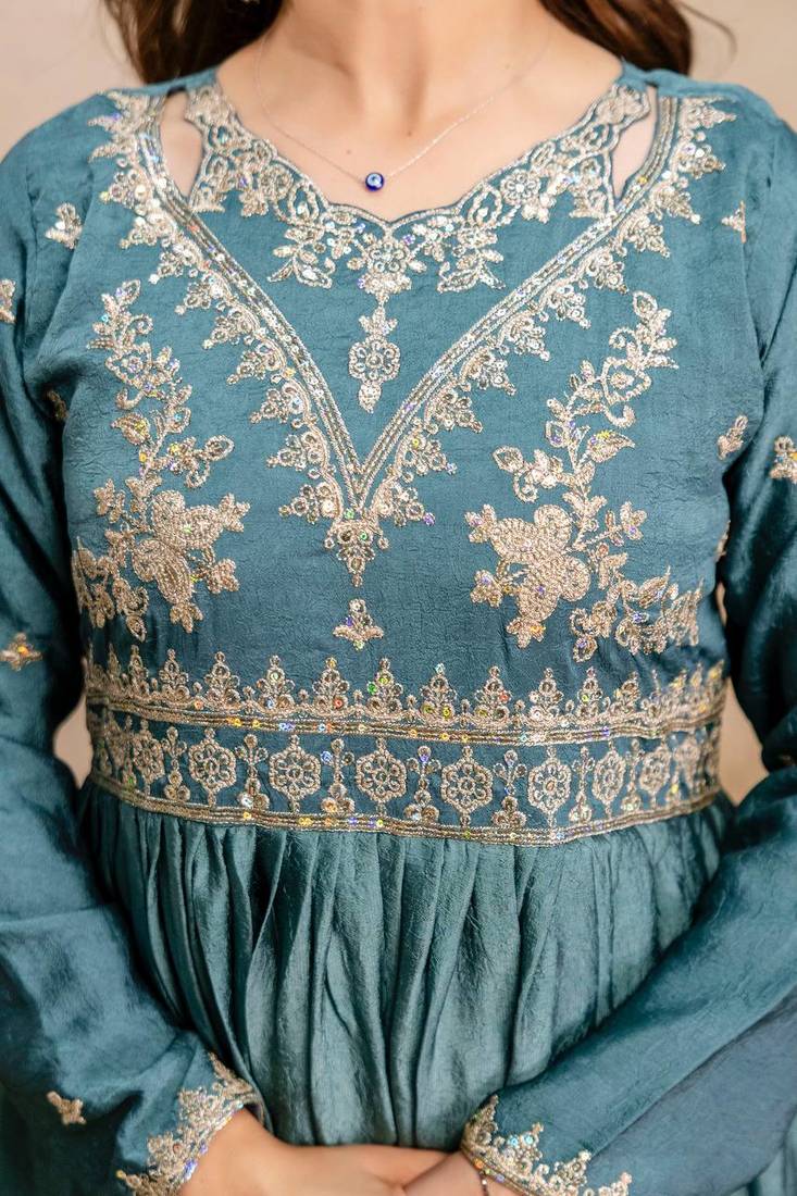 Women's teal blue embroidered anarkali gown set with dupatta