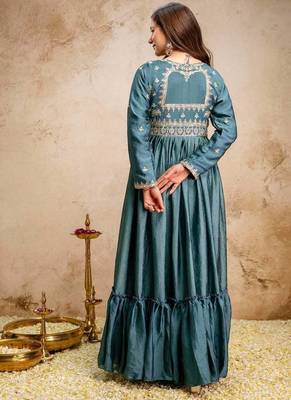 Women's teal blue embroidered anarkali gown set with dupatta 5