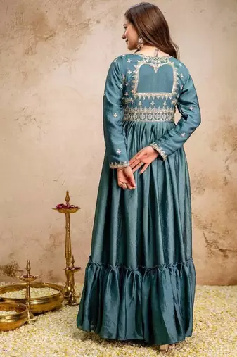Women's teal blue embroidered anarkali gown set with dupatta