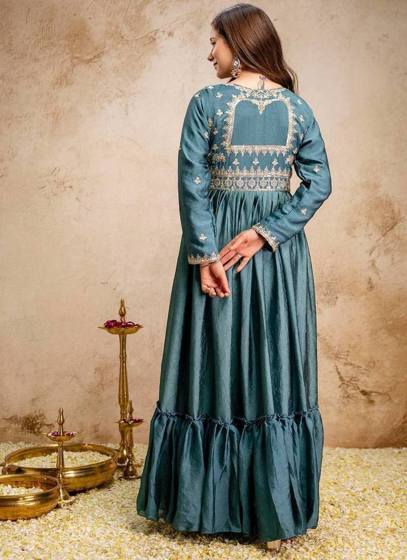 Women's teal blue embroidered anarkali gown set with dupatta