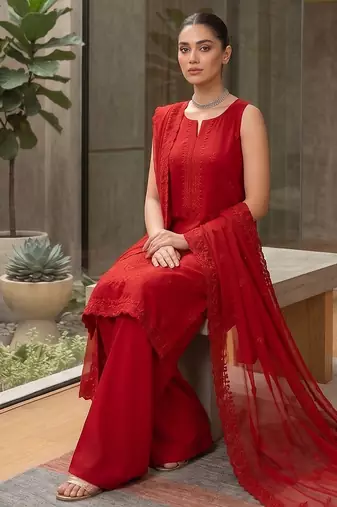 Women's red embroidered straight kurta palazzo set with dupatta
