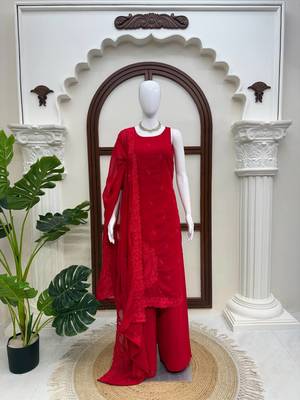 Women's red embroidered straight kurta palazzo set with dupatta 4