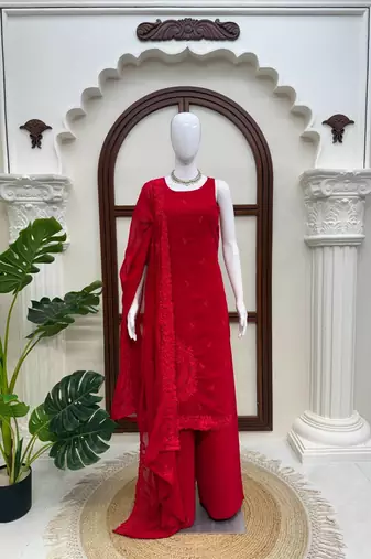 Women's red embroidered straight kurta palazzo set with dupatta