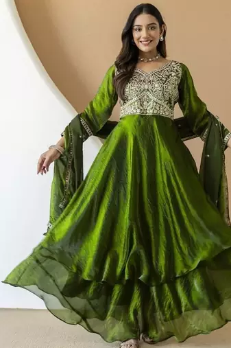 Women's mehndi green embroidered anarkali kurta set with palazzo & dupatta