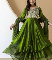 Women's mehndi green embroidered anarkali kurta set with palazzo & dupatta