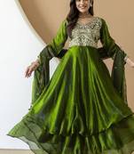 Women's mehndi green embroidered anarkali kurta set with palazzo & dupatta