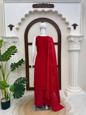 Women's red embroidered straight kurta palazzo set with dupatta 5