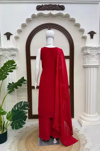 Women's red embroidered straight kurta palazzo set with dupatta