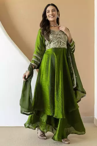 Women's mehndi green embroidered anarkali kurta set with palazzo & dupatta