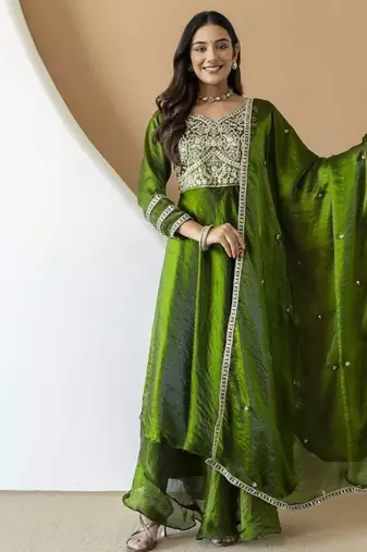 Women's mehndi green embroidered anarkali kurta set with palazzo & dupatta