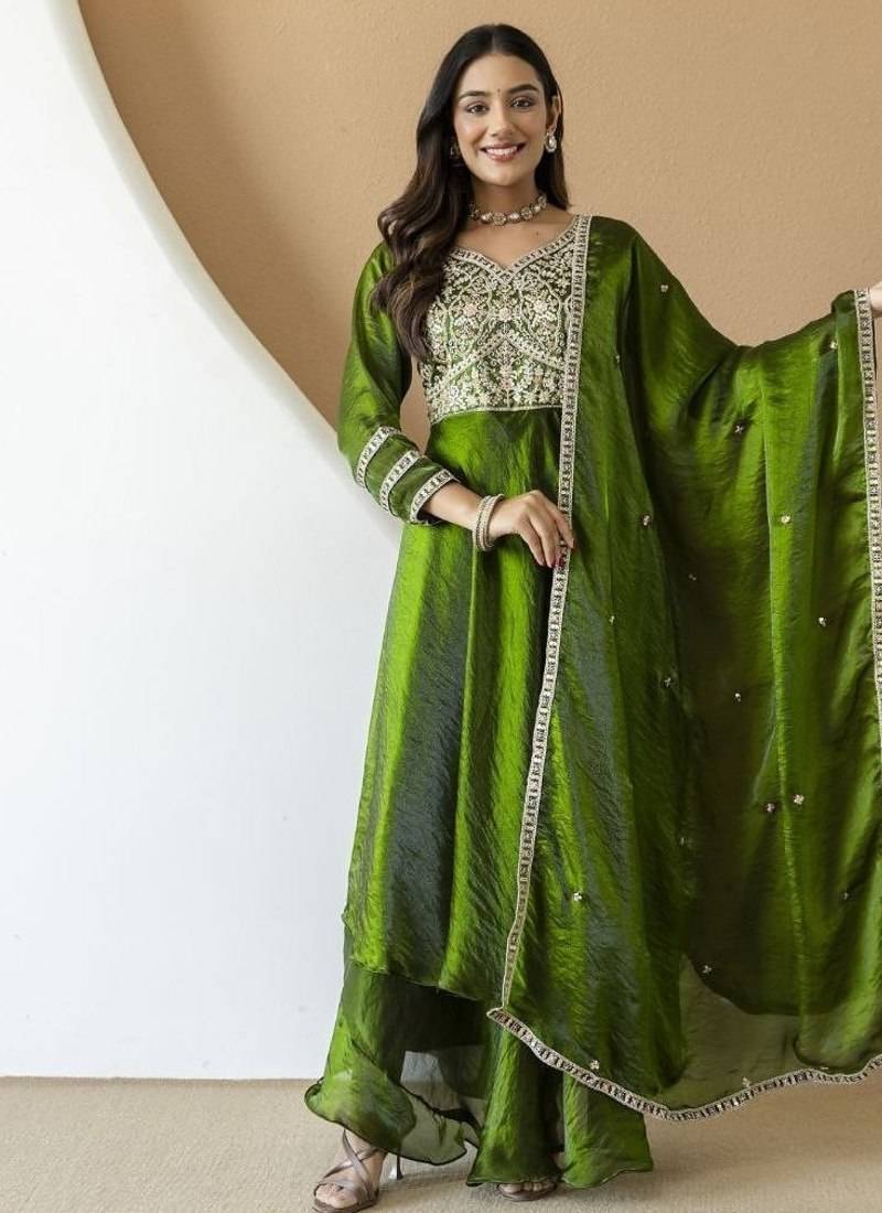 Women's mehndi green embroidered anarkali kurta set with palazzo & dupatta
