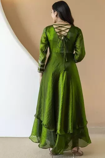 Women's mehndi green embroidered anarkali kurta set with palazzo & dupatta