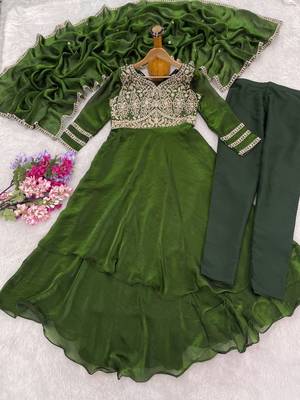 Women's mehndi green embroidered anarkali kurta set with palazzo & dupatta 5
