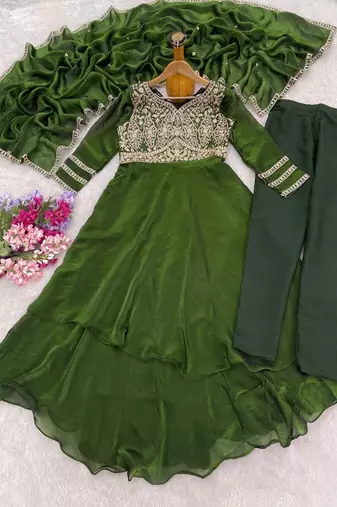 Women's mehndi green embroidered anarkali kurta set with palazzo & dupatta