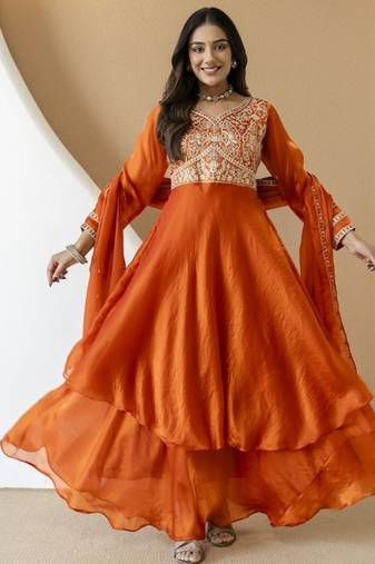 Women's orange embroidered anarkali kurta set with palazzo & dupatta