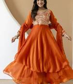 Women's orange embroidered anarkali kurta set with palazzo & dupatta