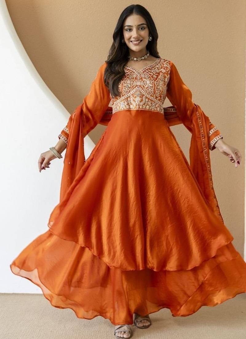Women's orange embroidered anarkali kurta set with palazzo & dupatta